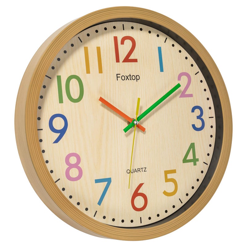 Foxtop Silent Kids Wall Clock 12 Inch Non-Ticking Battery Operated Colorful Childrens Clock for Classroom Playroom Nursery Bedrooms Kids Room School - Image 4